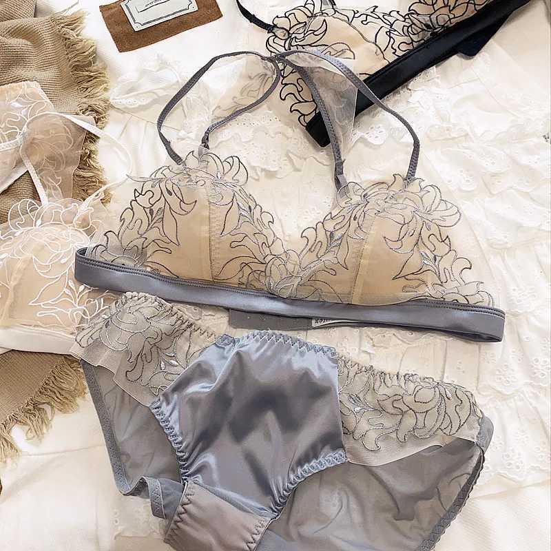 Womens Underwear Set French Sexy Lace Embroidery Bra Set Ultra Thin Wire Free Comfort Bralette Halter Adjustable Strap LingerieXJ250301