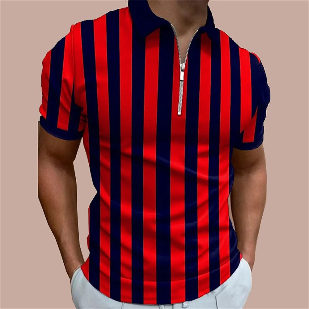 Striped Polo Shirt For Men 3d Print Golf Short Sleeve Top Summer Casual High Quality Clothing Tees Simple MenS Zip Polo T-Shirt 250228
