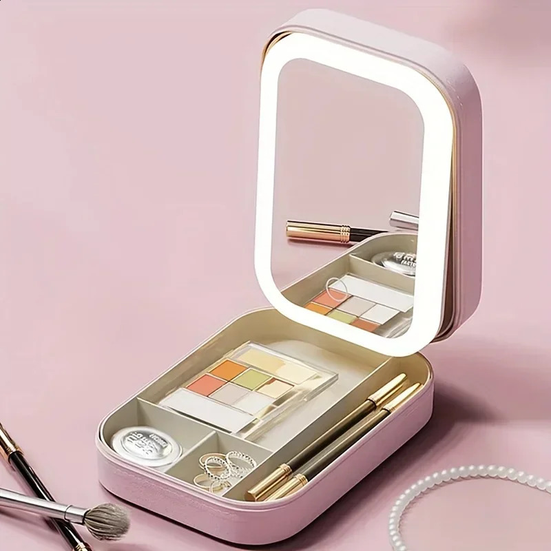 1pc USB Rechargeable LED Makeup Mirror Travel Cosmetic Bag with Light Makeup Storage Organizer Lighted Vanity Mirror 250228
