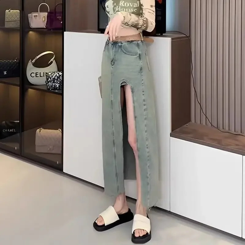 Plus Size Hong Kong Style Spicy Jeans Side Slit Skirt Medium Length Anti-Exposure A- Line Long Dress Plus Size Half Skirt 250224