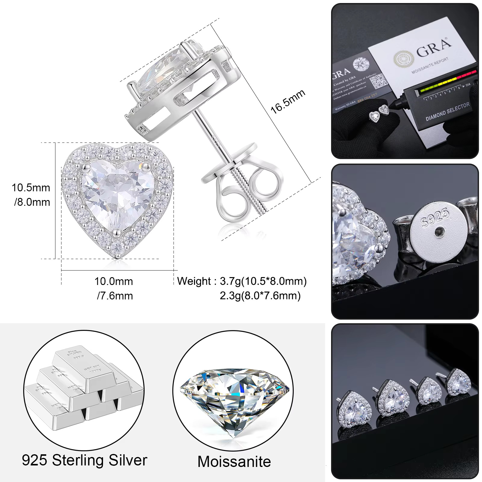 Wedding Jewelry Bridal Gift White Gold Sterg Sier Heart Cut VVS Moissanite Dia Stud Earrings for Women Valentines