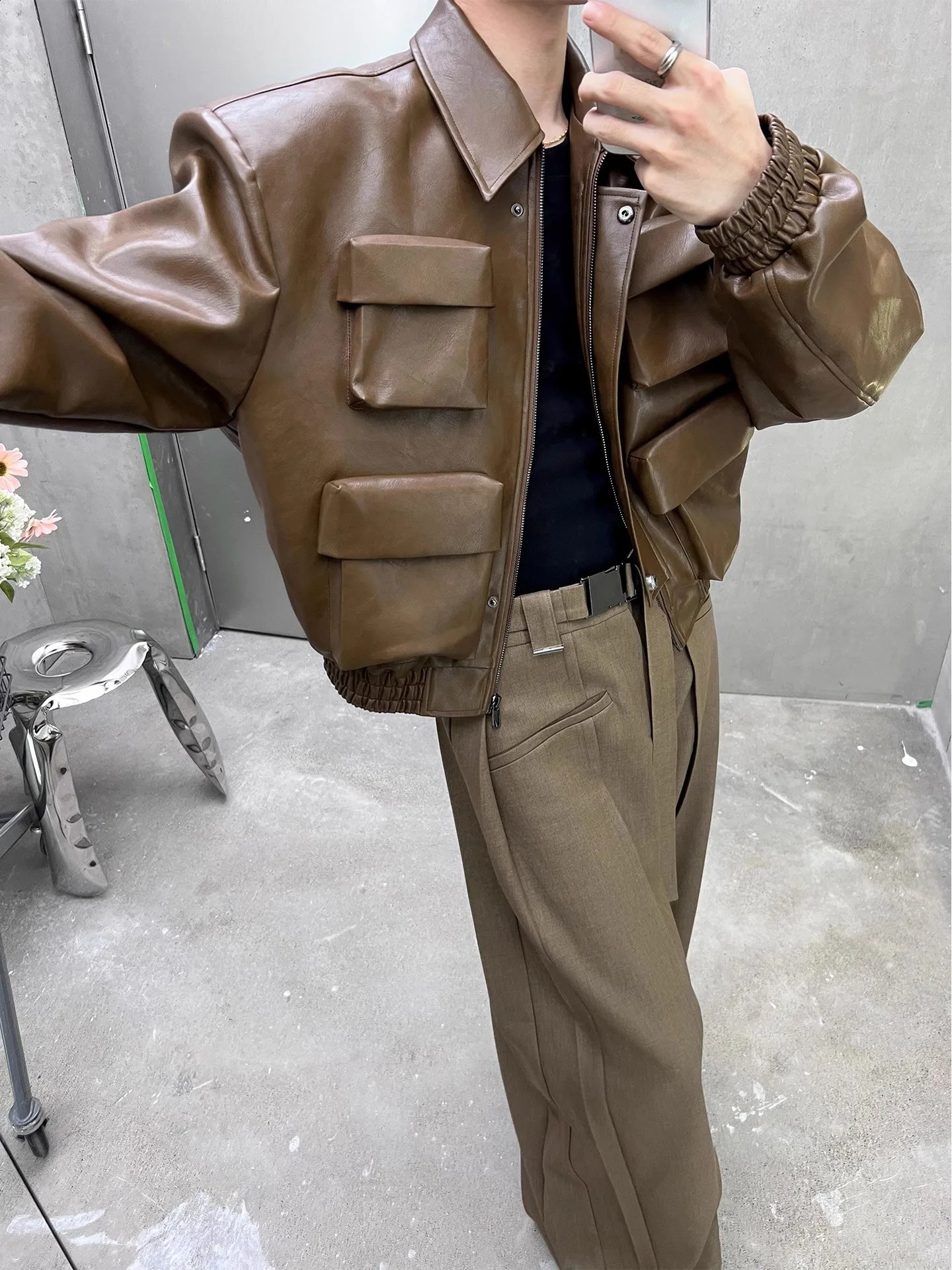Korean silhouette sense leather jacket mens spring and autumn loose casual versatile jacket tops 250228