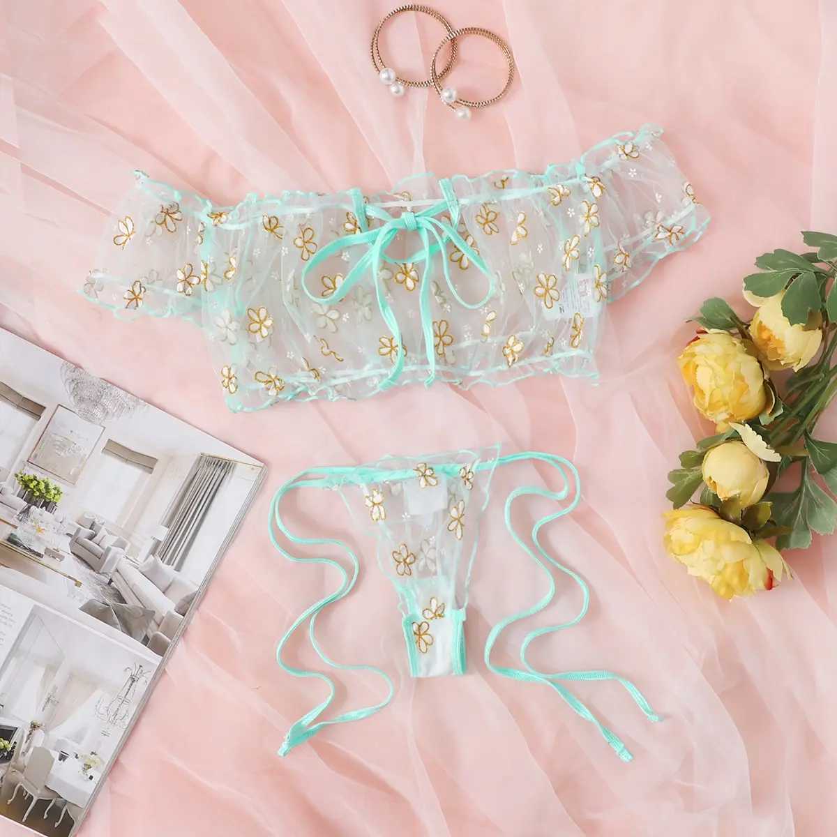 Sexy Lace Pajamas Set Women Silk Satin Sleepwear Off Shoulers Short Sleeves Pajamas Faux Homewear Green Flower Print NightwearXJ250301