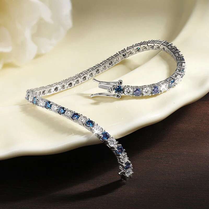KNOBSPIN Blue Moissanite Tennis Bracelets for Women Man 3mm 4mm Lab Grow Dia with Certificate Sier Plated Bracelet
