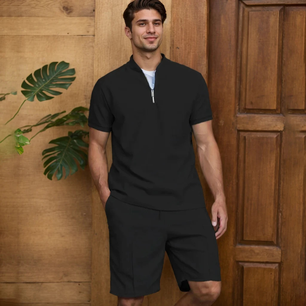 Tracksuit Men Waffle Fabric Polo Suit Zip Control Short Sleeve Two-Piece Set Loose Breathable Outdoor Sports Wear 250225