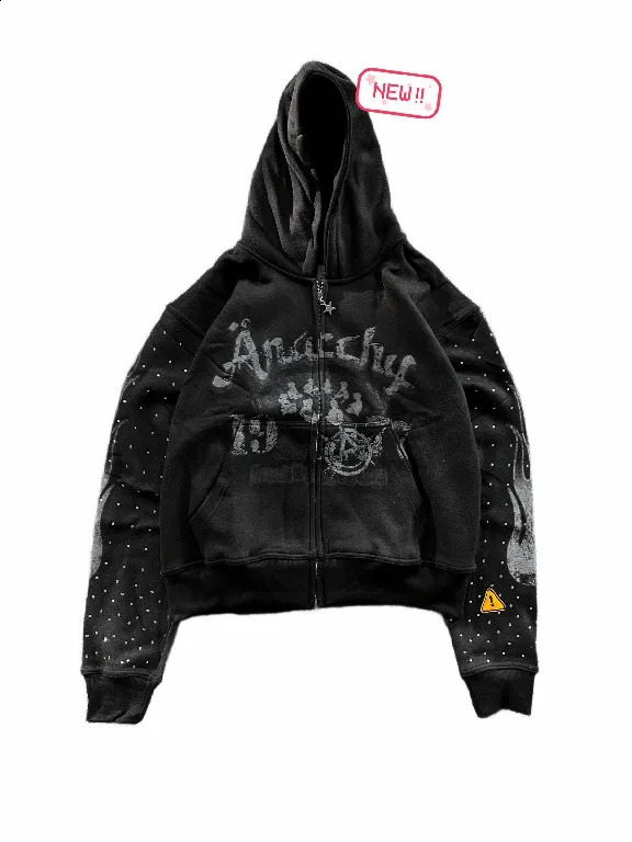 American Zipper Hoodies Y2K Clothes Mens Gothic Hip Hop Letters Graphics Rhinestones Vintage Hoodies Sweatshirts Zipper Jackets 250226