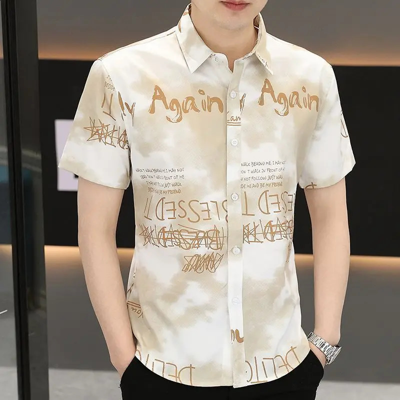 2025 Summer Short-sleeved Shirt for Men Thin Korean Style Cardigan Casual Free Iron Silk Top 250224