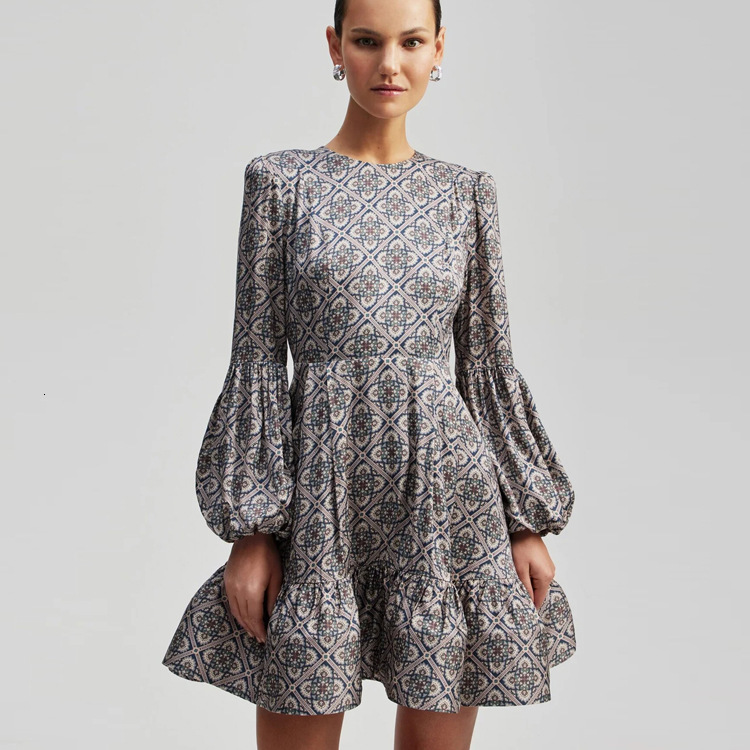 New4 Early Spring New Ethnic Style Round Neck Slim Fit Printed Skirt Tea Break French Long Sleeved Dress For Women
