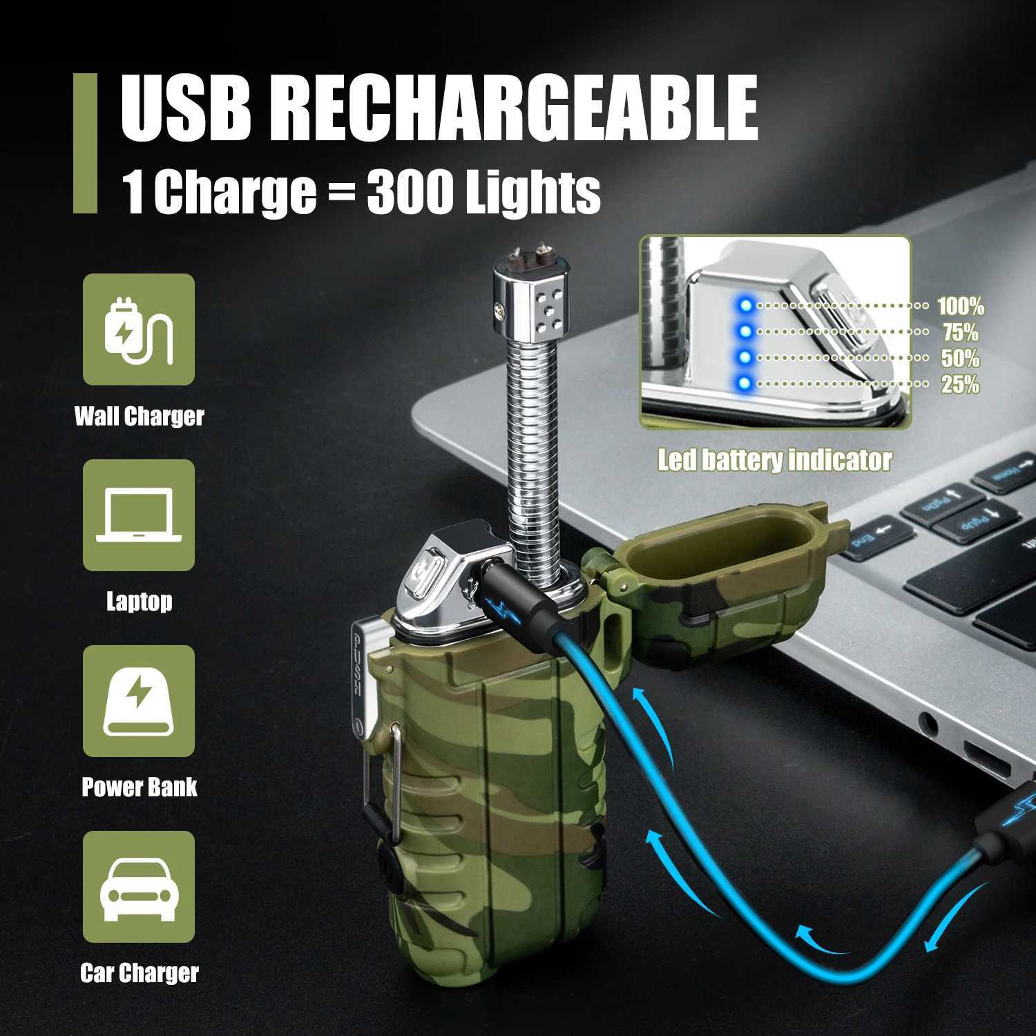 Waterproof Electric Lighter Windproof Dual Arc USB Rechargeable Flameless Plasma Lighters for Camping Hiking Survival TacticalT250301