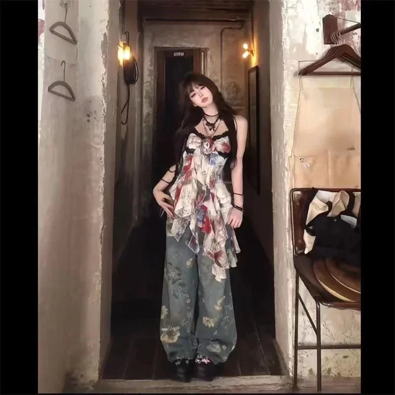 American Style Sexy Gyaru Halter Top Women Sweet Print Slim Camisole Summer High Street Coquette Asymmetrical Tees 250226bj