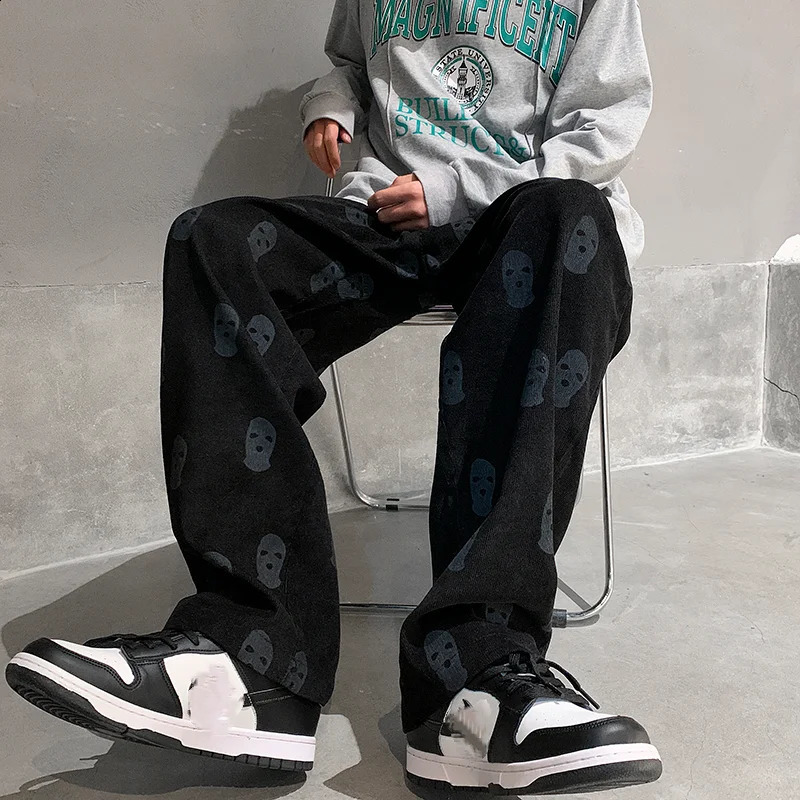 Baggy Corduroy Men Wide Pants Spring Fashion Print Trousers Hiphop Straight Sweatpants Oversized Bottoms Man Y2k Clothes 250225