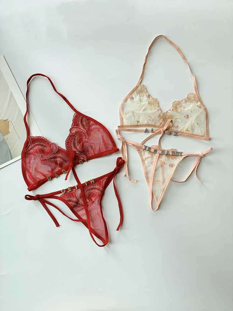 Personality Custom Name Crystal Letter Womens lingerie Set Lace Underwear+Panties G-String Bra Set Sexy Body Jewelry Wife GiftXJ250301