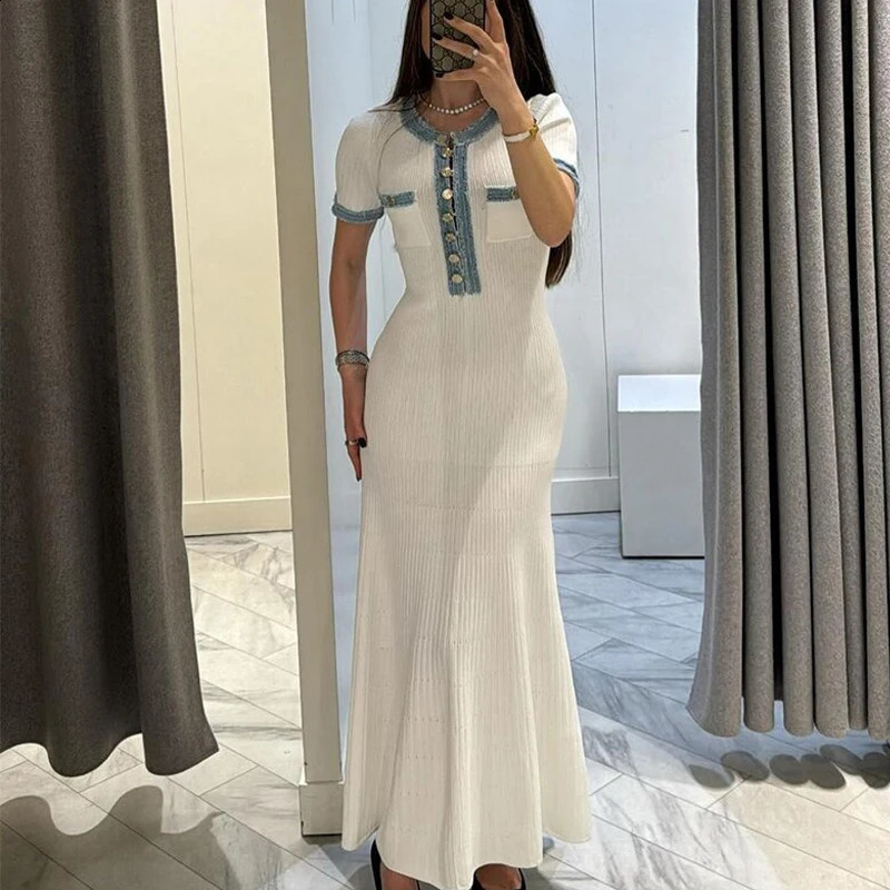 YoooMuoo fashionable denim patch work O collar single chest knitted Maxi dress elegant pocket long sleeved vacation robe 250226