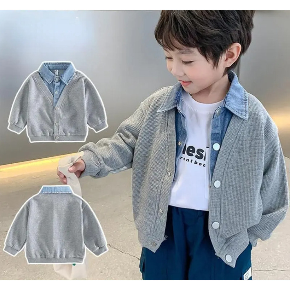 Ddmyshoesvip Children S Clothing For Boy Coat Spring Autumn Jacket Denim Collar Patchwork Top Fake Two Shirts Kids Outerwear