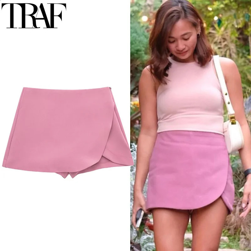 TRAF Womens Skort High Waist Brown Skirt Pants Stylish Summer Pink Black Mini Skirt Shorts Asymmetric Casual Off White Skort 250224