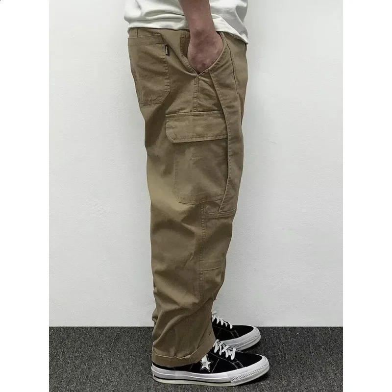 Spring Mens Pants Multi-Pocket Cargo Pants Vintage Solid Color Simple Loose-Fit Casual Pants 250228