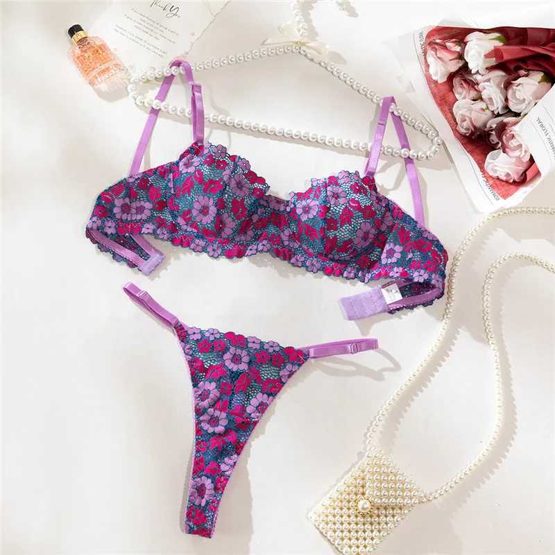 Erotic Lingerie Set Women Sexy Lace Embroidery Flowers Underwear Purple Seamless Beautiful Romantic See Through Bra Brief SetXJ250301