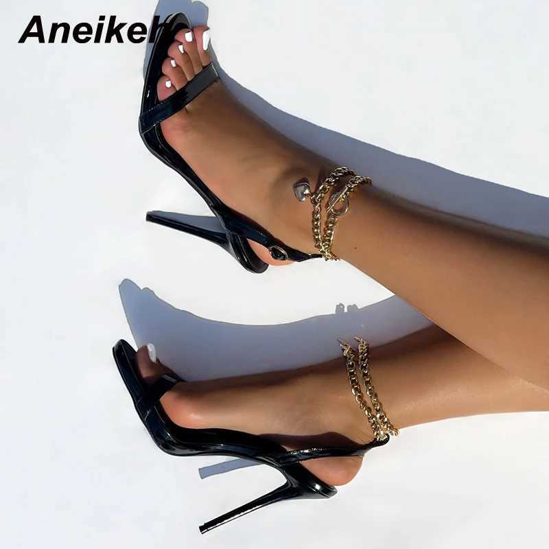 Aneikeh Sexy PU Shallow High Heel Sandals Wen Hot Summer 2025 New NEW Pointed Toe Metal Chain Shoes Fashion Buckle Strap Party Sewing Z250301