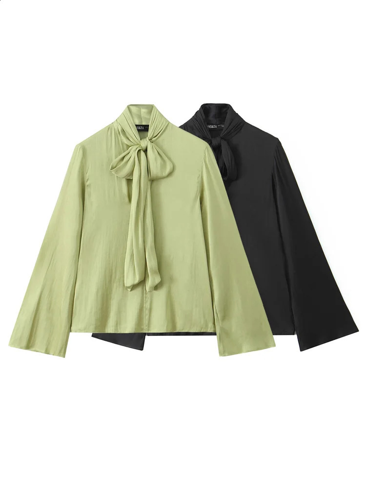 KAOPU ZA Women with tie bow shirt vintage o-neck long sleeve female blouses chic tops 250225