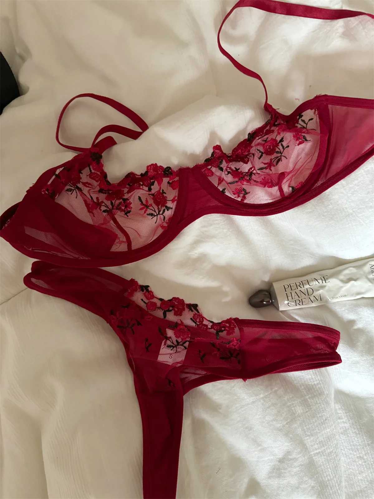 Red ambiance lingerie panty suit niche purple embroidered mesh thin large breast underwear sexy lace braXJ250301