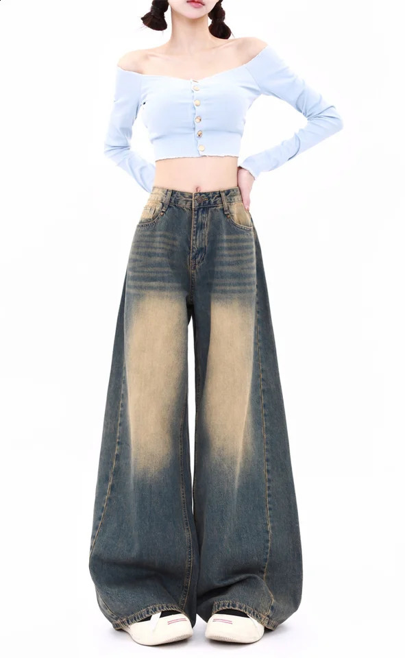 Classic Vintage Baggy Jeans for Women Autumn Winter Straight Wide Leg Casual Pants Woman Y2K Streetwear Loose Fitting Jeans 250225