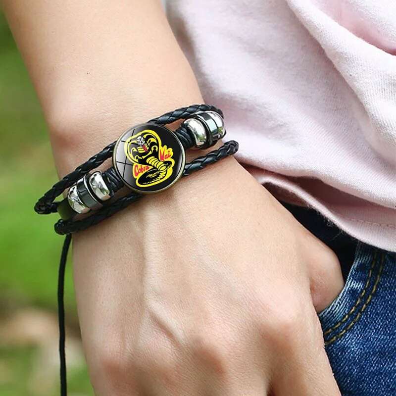 Animation Cobra Kai Leather Karate Movie Glass Snap Buckle Jewelry Multilayer Retro Handwoven Bracelet Men Cosplay Gift