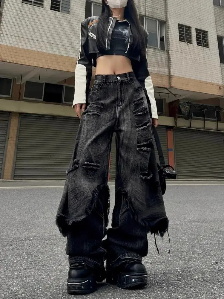 American high street two piece set distressed workwear jeans womens wide leg hip hop street raw edge floor-length pants 250225