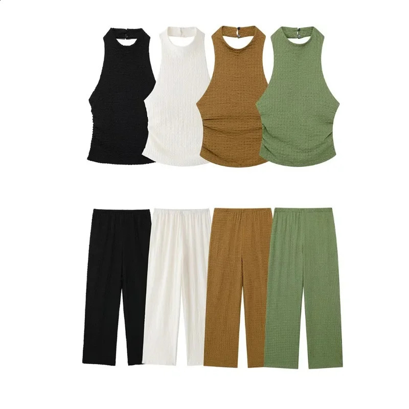 Summer Fashion Pants Sets Women Elegant Sexy Halter Backless Slim Short Tops Straight Pants Womens Two Peice Sets 250225