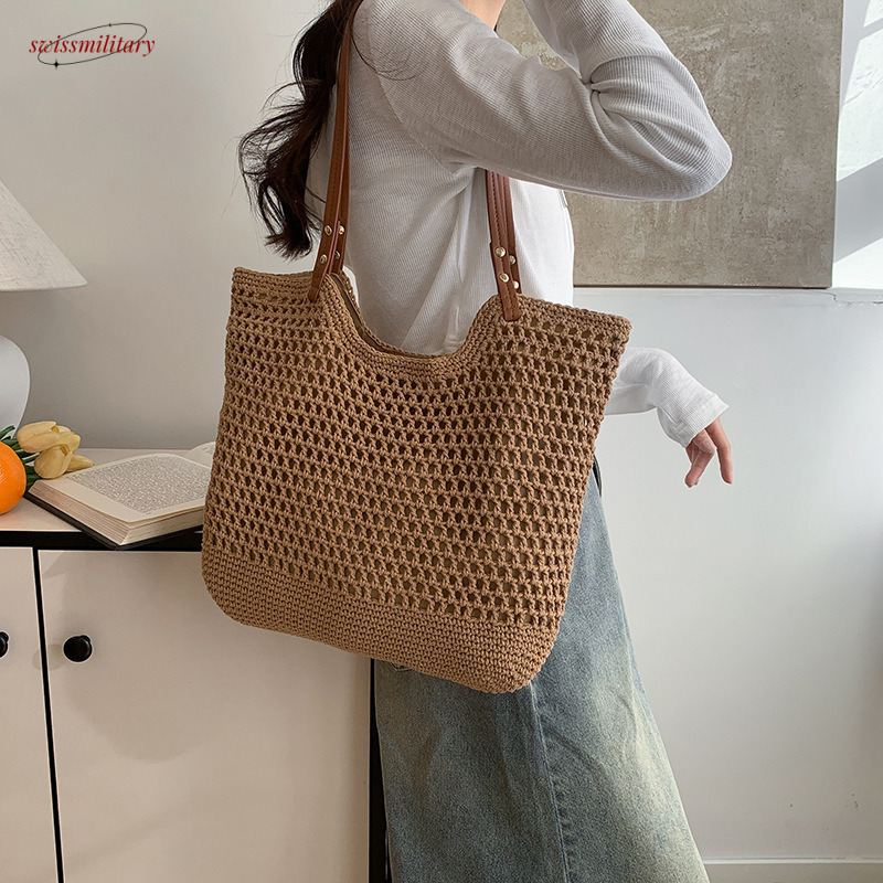 Large capacity commuting tote for women's spring and summer 2025 new single shoulder beach vacation grass woven bag #swissmilitary