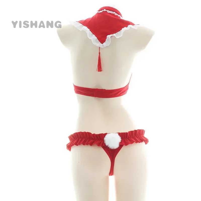 Sexy Red Santa Christmas Lingerie costume Cute hollow out bimini Bownot Underwear Pajamas Christmas Lingerie Cosplay Bra SetXJ250301