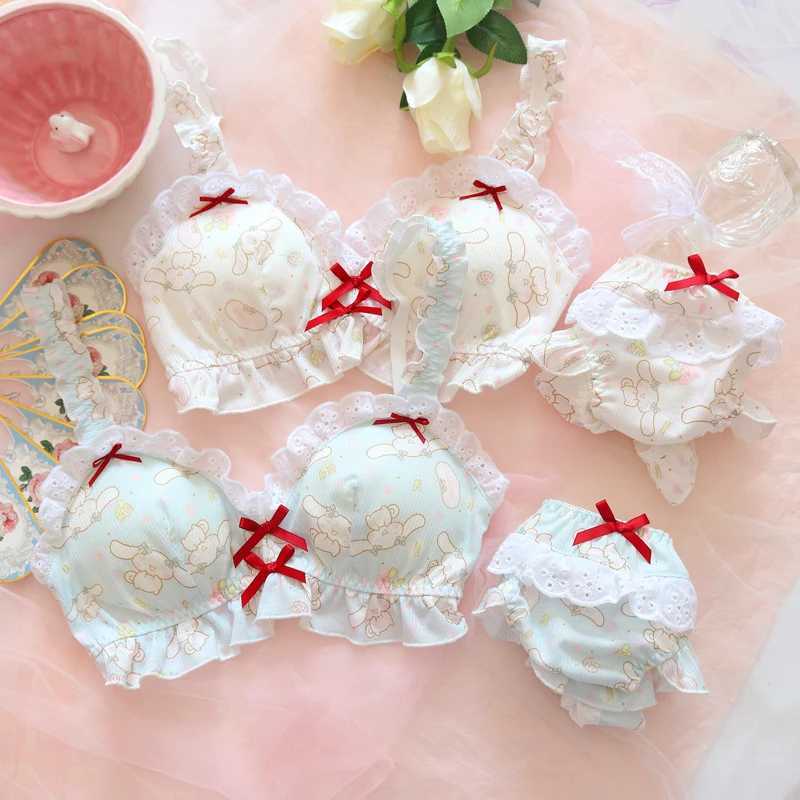 Kawaii Embroidered lace lingerie bra with panties push up brassiere panty lady sexy cute lolita bralette pants sets outdoor wearXJ250301