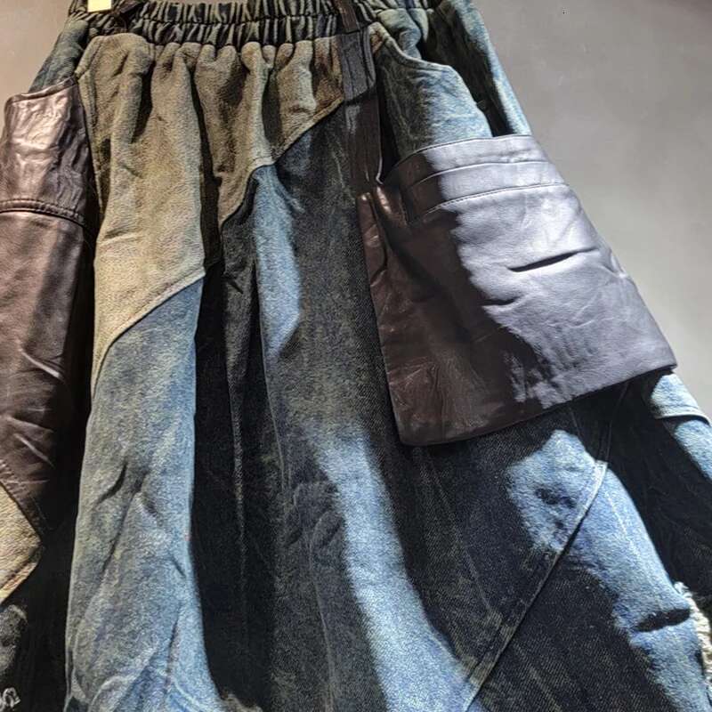 DEAT Women's Fashion Patchwork Elastic Waist Pocket Jeans Loose High Street Denim Trousers Female Trend 2024 Winter New 11A01760