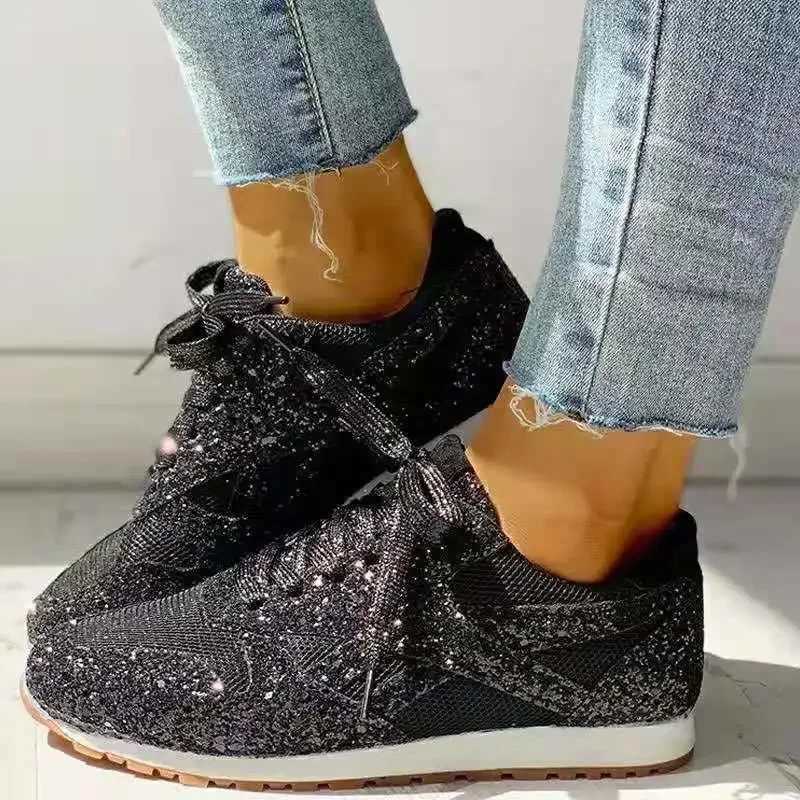 Womens Flat Glitter Sneakers Casual Bling Vulcanized Shoes Female Mesh Lace Up Platform Comfort Plus Size Fi Ladies AutumnXJ250301