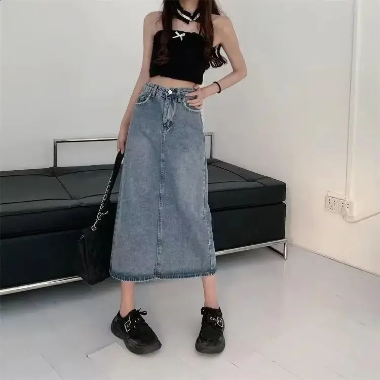 Plus Size Summer Trendy Korean Style Vintage Pocket Fringe n Sensibility Side Slit Denim Skirt For Women Mid Le... 250224