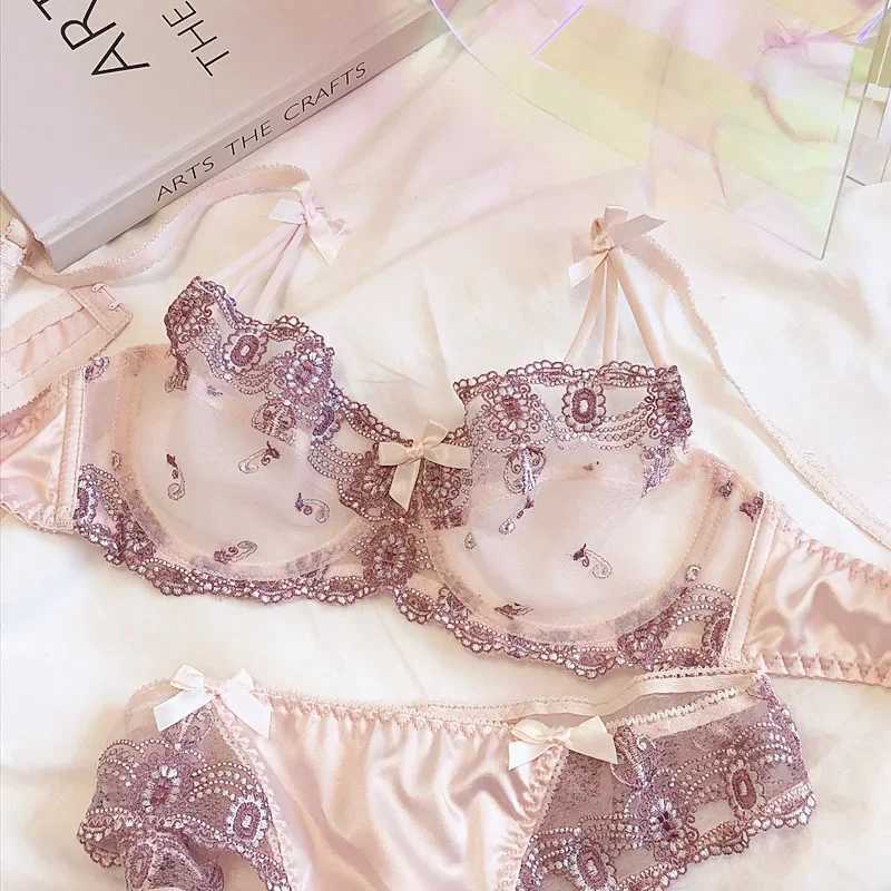 Sexy cherry embroidered lace transparent lingerie steel ring ultra-thin underwear mesh gauze bra briefs setXJ250301