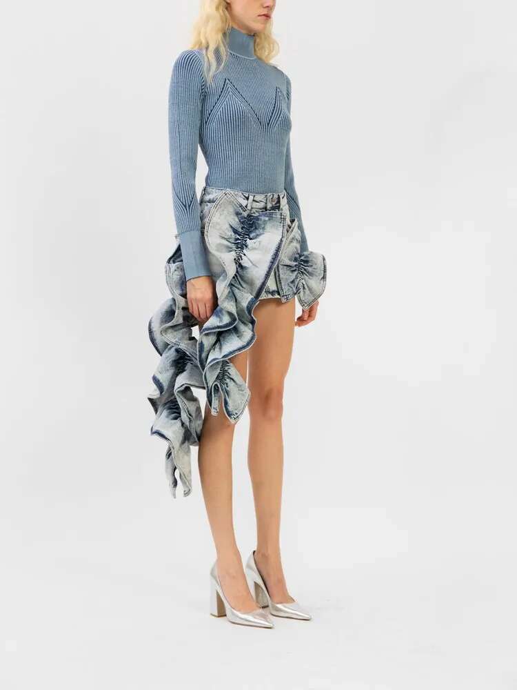 Colorblock Denim Skirts For Women High Waist Patchwork Ruffles Vintage Slimming Skirt Female Fashion Clothing Style