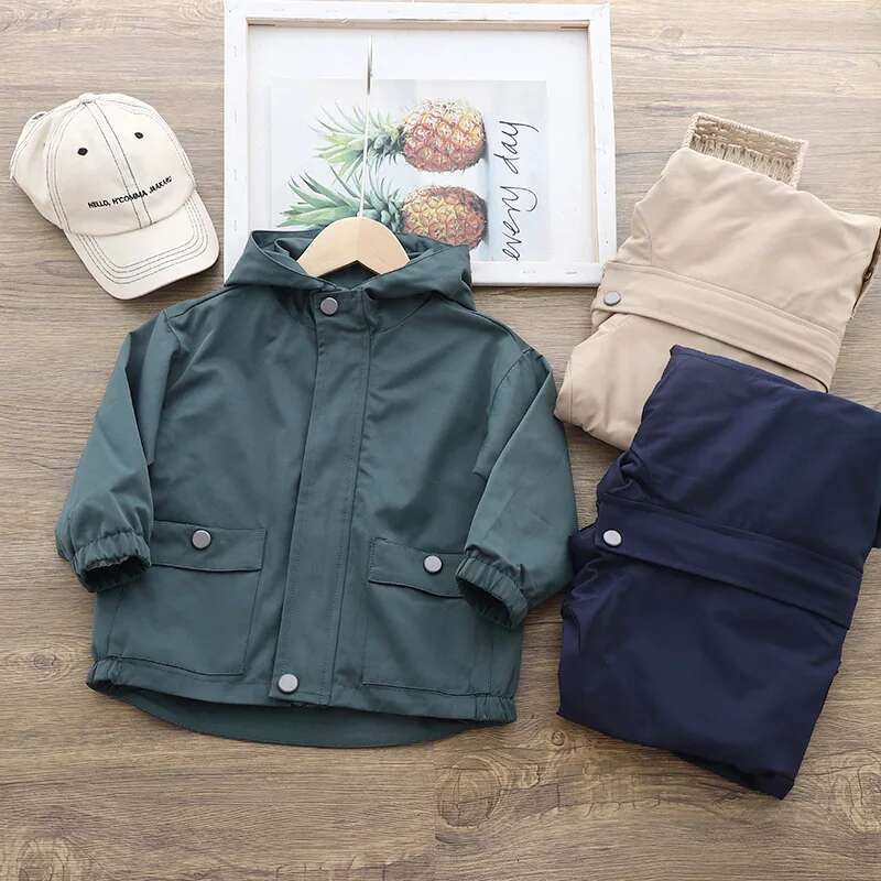 Ddmyshoesvip Spring Autumn Kid Jackets Zipper Hodded Solid Color Long Sleeve Children Windbreak Casual Exterior Students Boys Coats