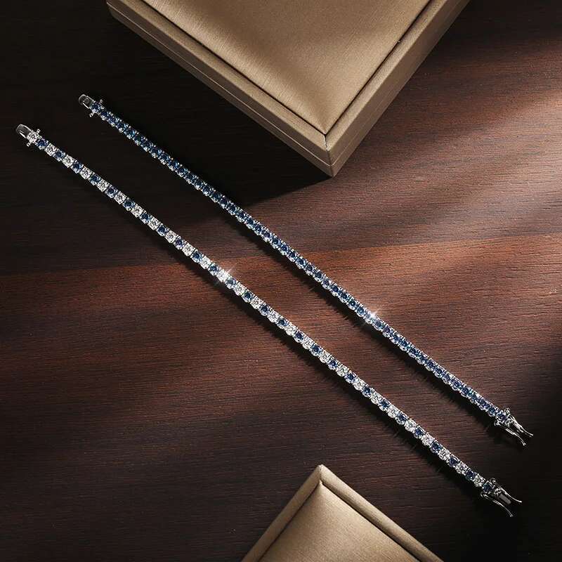 KNOBSPIN Blue Moissanite Tennis Bracelets for Women Man 3mm 4mm Lab Grow Dia with Certificate Sier Plated Bracelet