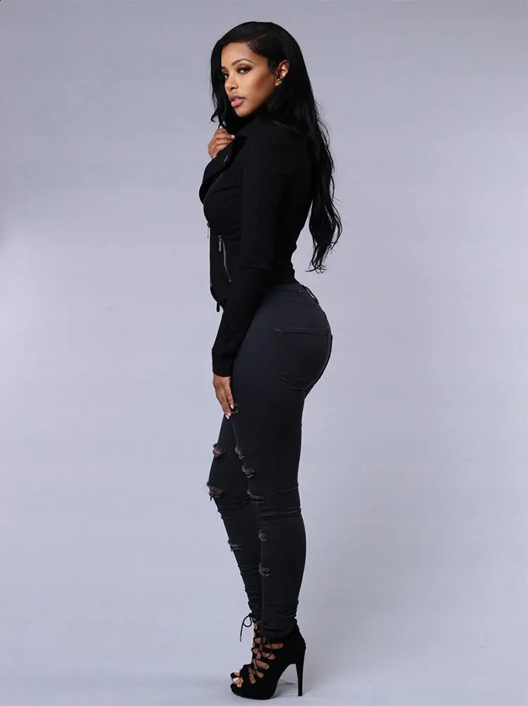 Spring Summer Elastic Trousers Black and White Ripped Jeans Fashion Sexy Skinny Denim Pencil Pants S-3XL Drop 250225