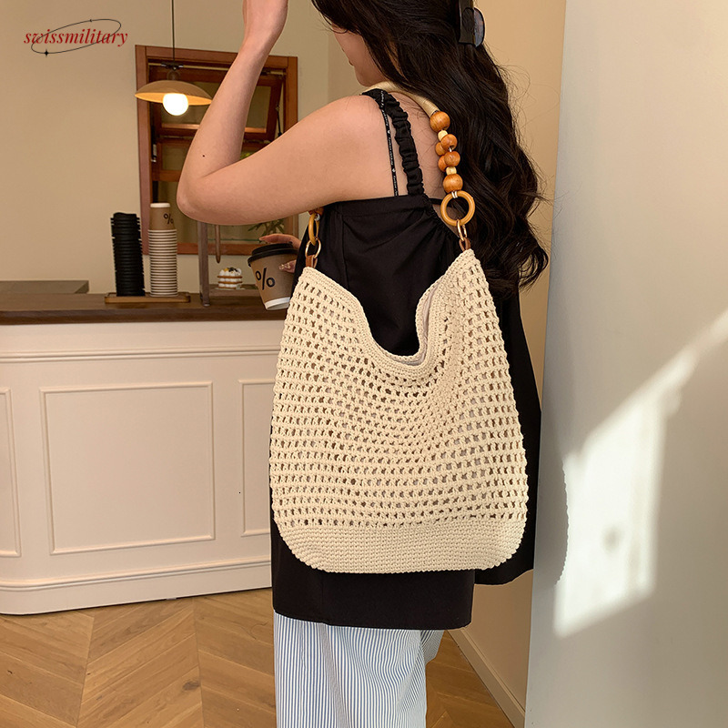 New Chinese woven for women in summer 2025, one shoulder vacation beach bag, artistic hollow tote bag #swissmilitary