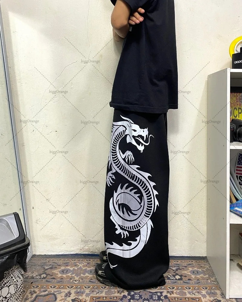 Chinese Style Dragon Print Fashion Loose Wide Leg Pants Men Retro Harajuku Y2K Casual Versatile Oversized Sweatpants Women 250225