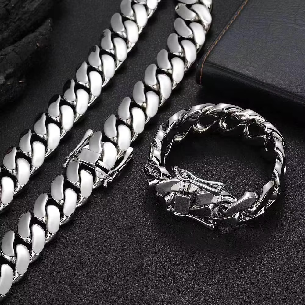 Custom Hip Hop 20mm Real S925 Sterling Silver 9K 10K 14K 18K Solid Gold Miami Cuban Link Chain Necklace Bracelet Set