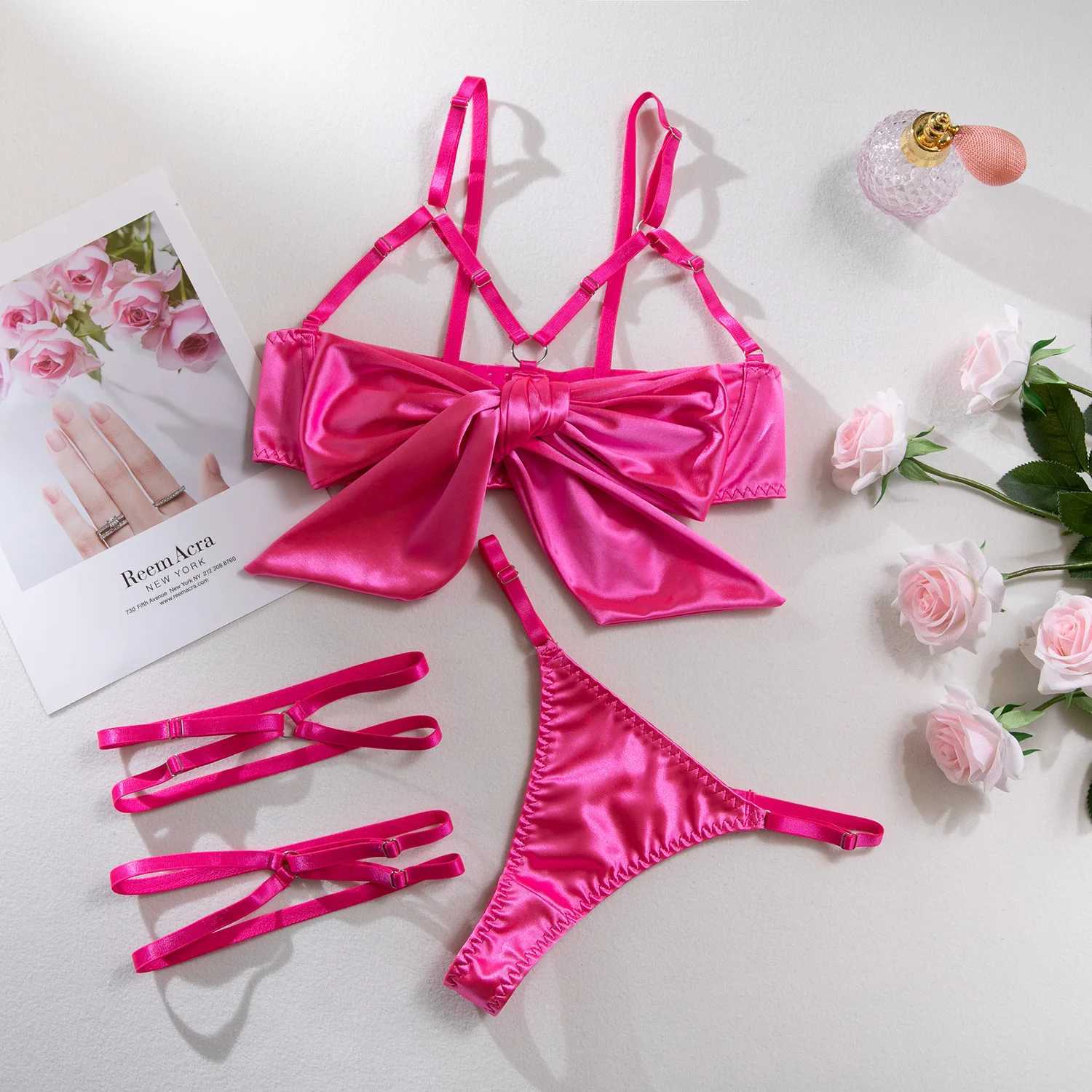 Sexy Solid Stain Lingerie Set Womens Hollow Out Bow Lace Up Exotic Apparel Suit Pure Desire Style Uniform Underwear Bra BriefXJ250301