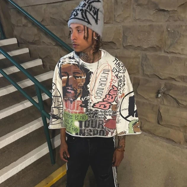Y2K T Shirt Mid Long Sleeve Men Women Punk Hip Hop Graffiti Style Graphic Printed Oversized T Shirt Harajuku Loose Short Sleeved 250228