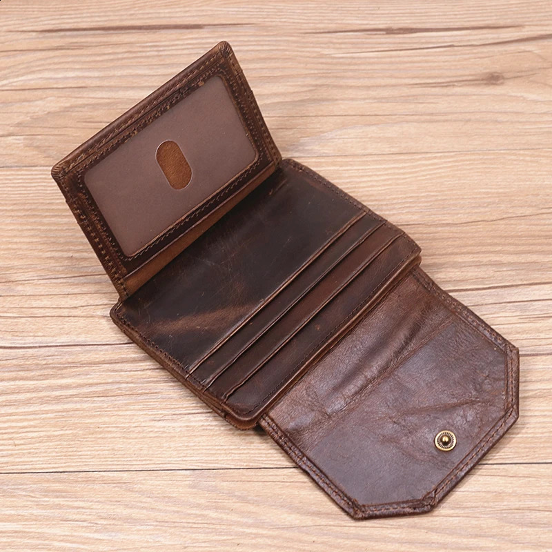 Mens genuine leather wallet original denim retro short mens wallet with card ID window and coin pocket 250228