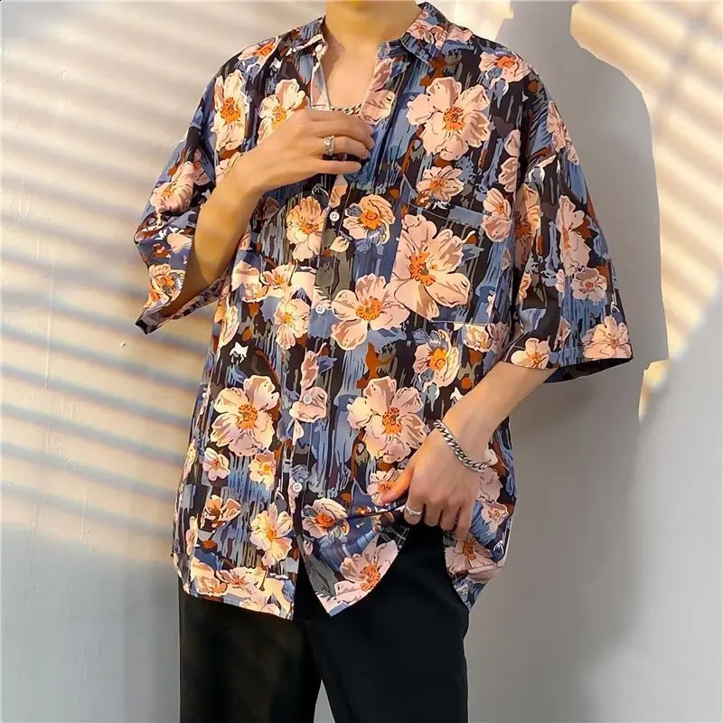 Men Street Fashion Summer Daily Shirt Hawaiian Cartoon Print Casual Loose Shirts Short Sleeve Beach Loose Tops 250224