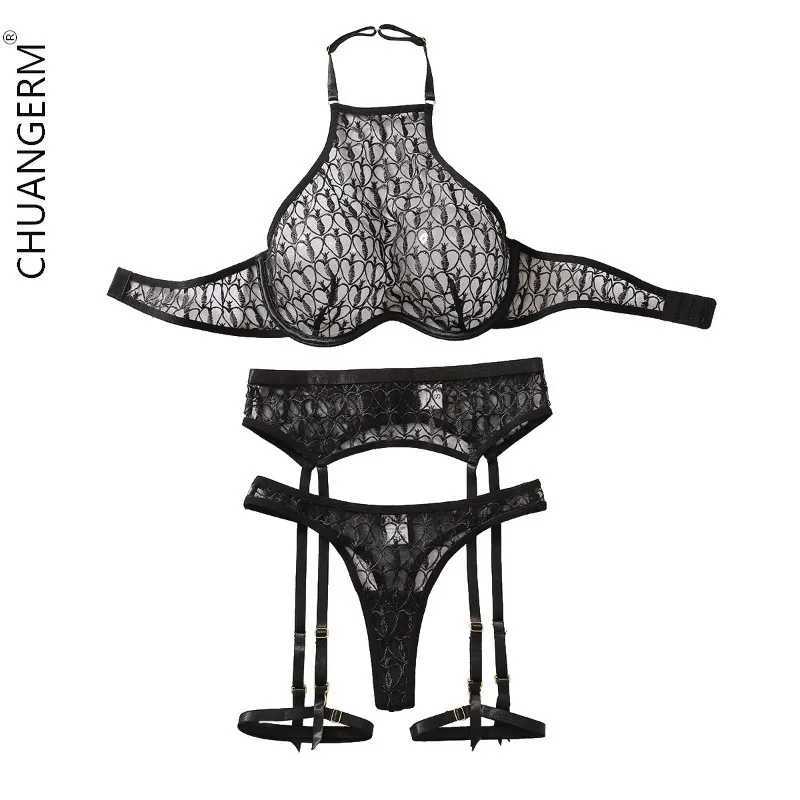 CHUANGERM Gather Female Underwear for Women Embroidery Lace Bra Net Womens Clothing Set Secret Four Sets Lingerie SexyXJ250301