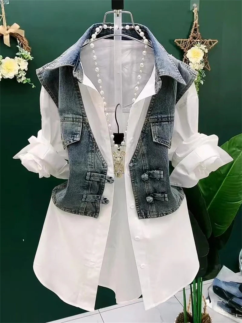 Fashion Striped Denim Jacket Women Spring Summer Plate Button Sense Stitching Waistcoat Shirt Chic Top 250228