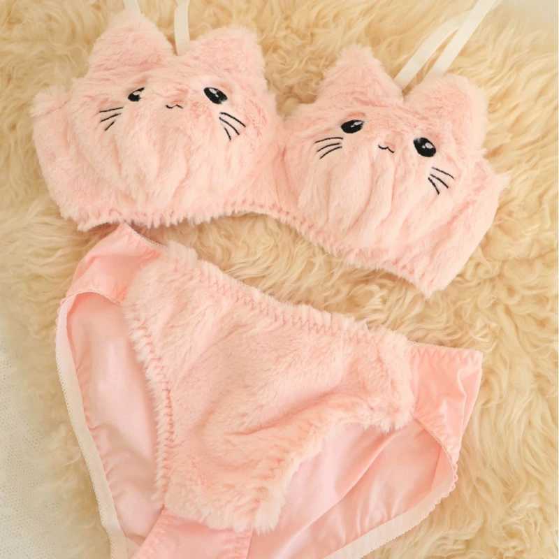 2Pieces Anime Lingerie Soft Underwear Comfortable Plush Bra Panty Set Cartoon Cats Bra and Panties for Womens GirlXJ250301