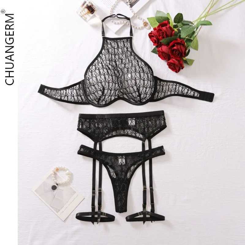 CHUANGERM Gather Female Underwear for Women Embroidery Lace Bra Net Womens Clothing Set Secret Four Sets Lingerie SexyXJ250301